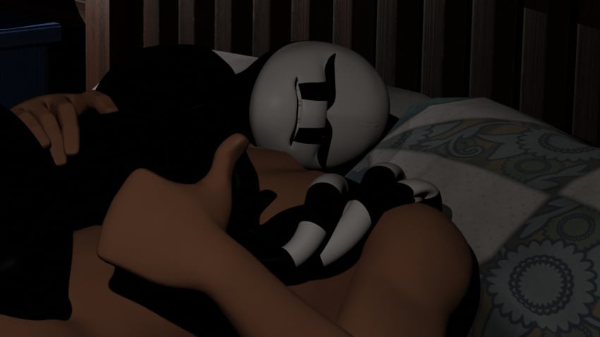 1boy 1girls 3d after_sex bed big_breasts cuddling dark_room digidarling female five_nights_at_freddy's fnaf headless huge_breasts male marionette_(fnaf) night nightmarionne puppet_(fnaf) thumbs_up