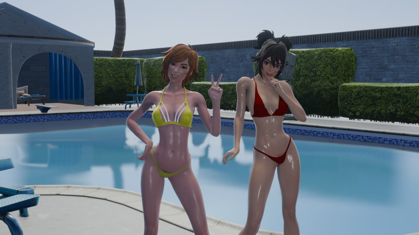 2girls 3d april_o'neil april_o'neil_(fortnite) bikini female_pubic_hair fortnite fortnite:_battle_royale looking_at_viewer peace_sign perete pool pubic_hair smiling teenager the_machinist_(fortnite) wet wet_body