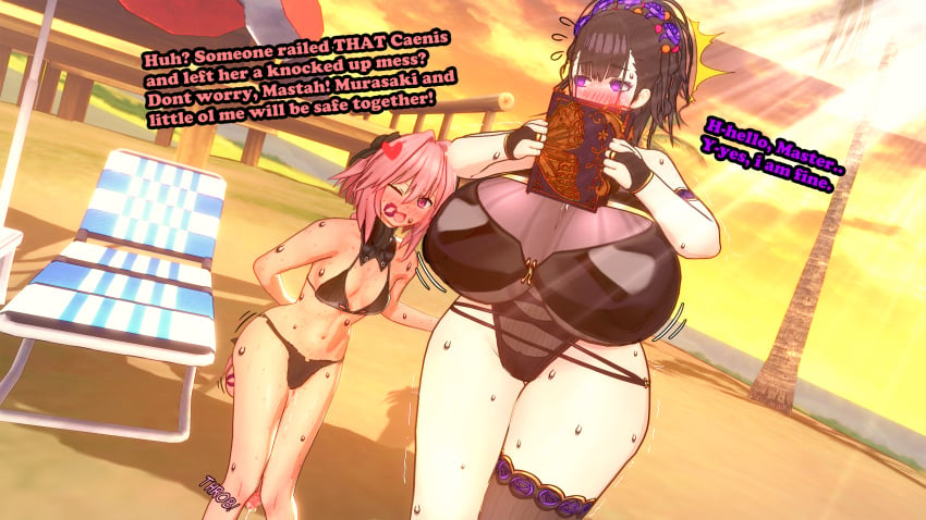 1boy 3d astolfo_(fate) baobabz breasts fate/grand_order fate_(series) female femboy highres josou_seme koikatsu_(medium) large_breasts large_penis lipstick_mark murasaki_shikibu_(fate) murasaki_shikibu_(swimsuit_rider)_(first_ascension)_(fate) otoko_no_ko penis purple_lips size_difference