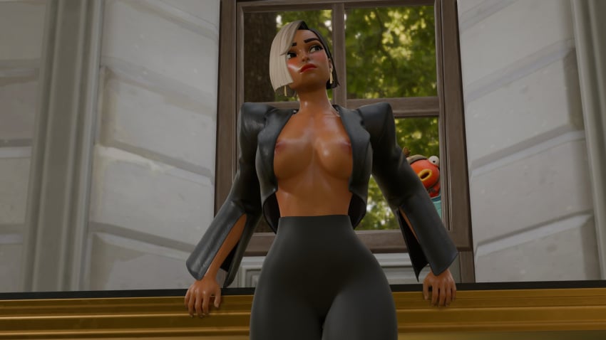 1girls 3d antonia_(fortnite) blush dark-skinned_female dark_skin earrings female female_only fishstick_(fortnite) fortnite fortnite:_battle_royale neckline perete secretary semi_naked semi_nude solo voyeur