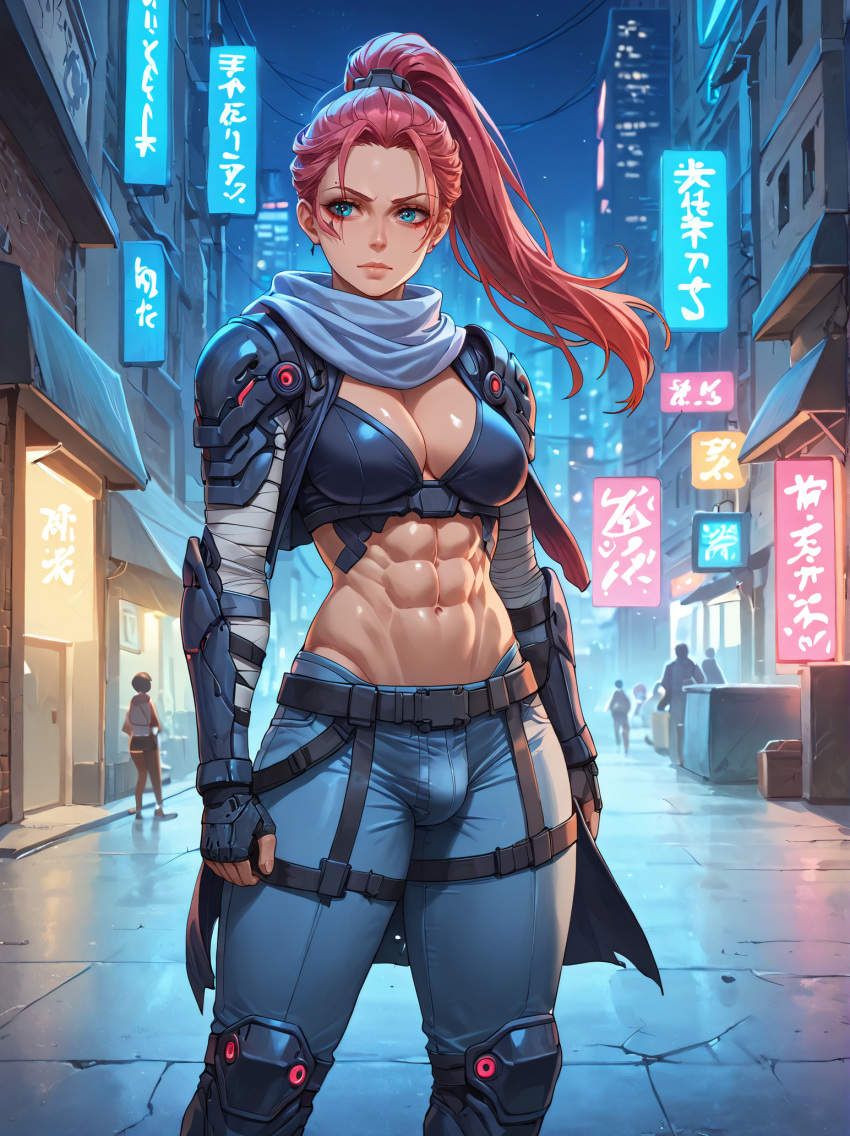 abs ai_generated athletic breasts crotch_bulge implied_futanari long_hair ponytail red_hair self_upload solo stable_diffusion theskyisalwaysbeautiful