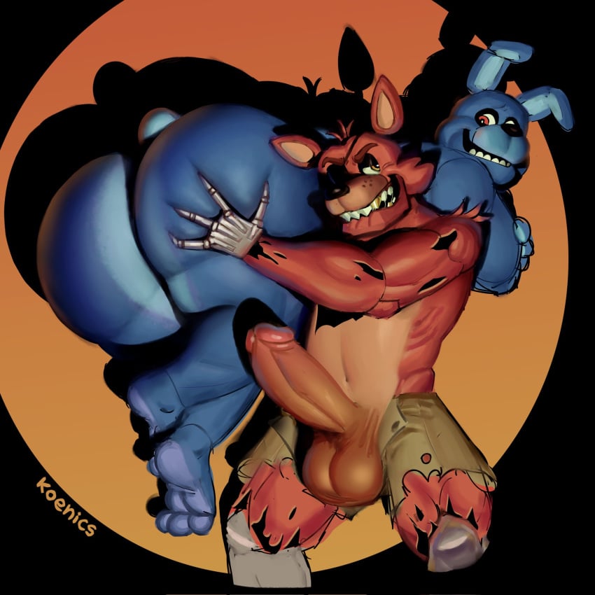 balls big_ass big_butt big_penis biting_lip biting_own_lip blue_body blue_skin bonnie_(fnaf) carrying carrying_partner erection eye_patch five_nights_at_freddy's fox fox_ears foxy_(fnaf) grabbing_ass koenics male male_only penis rabbit rabbit_ears red_body red_skin robot sharp_teeth smile smiling