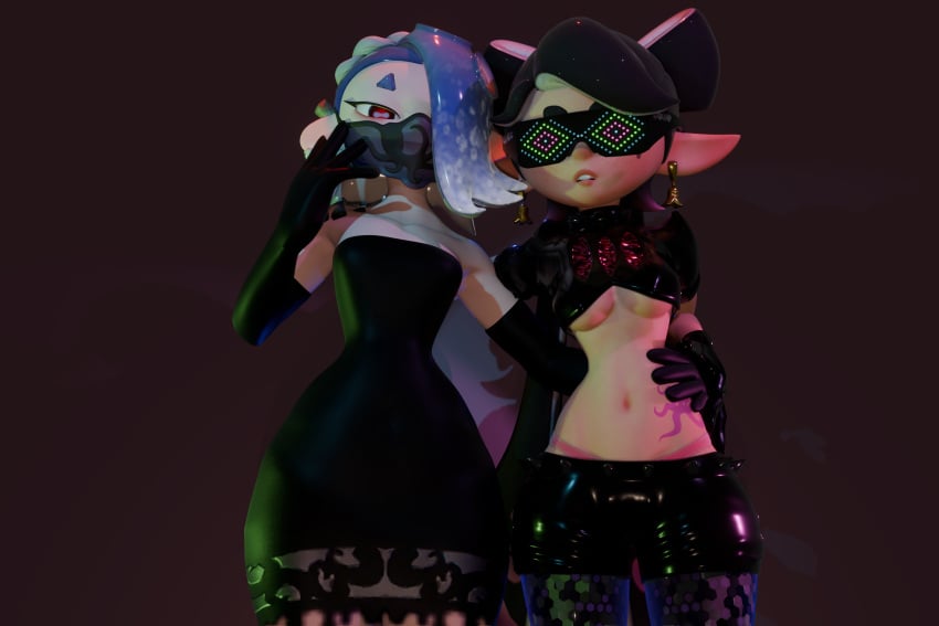 2girls 3d blender callie_(splatoon) dress enigmaj frostyfest_outfit hypno_shades_(splatoon) inkling looking_ looking_at_viewer midriff nintendo octo_callie octoling shiver_(frostyfest) shiver_(splatoon) splatfest splatoon splatoon_2 splatoon_3