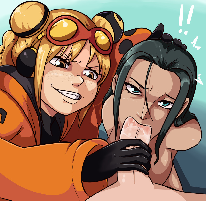 1boy 2girls black_hair blonde_hair breasts clothed clothes clothing fellatio female goggles goggles_on_head hand_on_another's_head hand_on_head huge_cock male mff_threesome nico_robin nude nude_female nude_male one_piece open_mouth orange_hair penis post-timeskip s0_underrated smile threesome vegapunk_york yellow_eyes