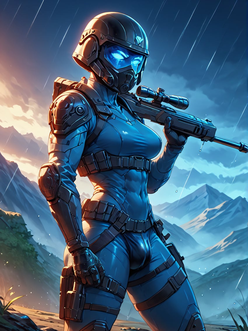 ai_generated armor breasts clothed crotch_bulge gun helmet holding_gun implied_futanari mountain mountains rain self_upload sniper_rifle solo stable_diffusion theskyisalwaysbeautiful visor_helmet