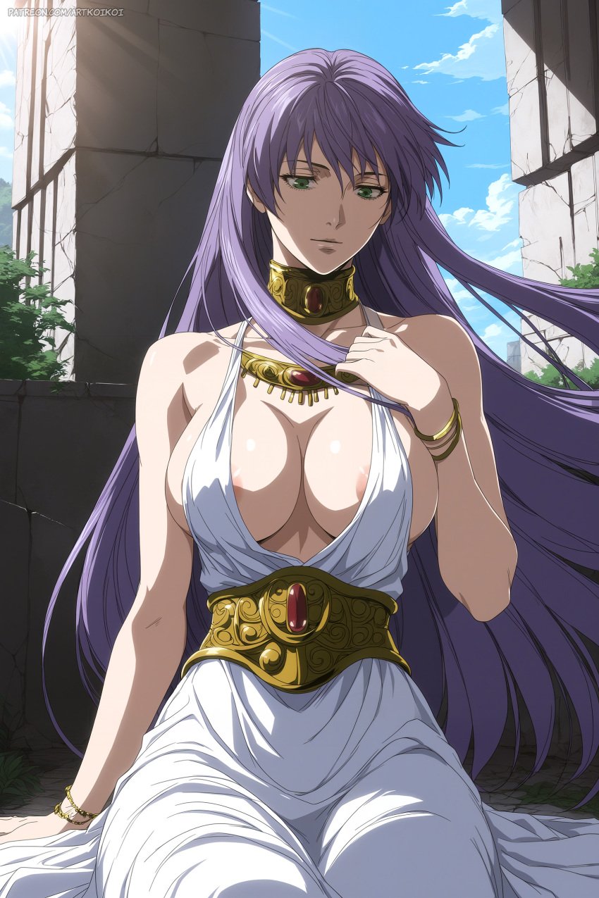 1female 1girls ai_generated artkoikoi athena_(saint_seiya) bangs big_breasts breasts commentary_request dress english_commentary female female_only koikoi lavender_hair light-skinned_female light_skin mixed-language_commentary nipples saint_seiya:_the_lost_canvas sasha_(saint_seiya) solo very_long_hair visible_nipples