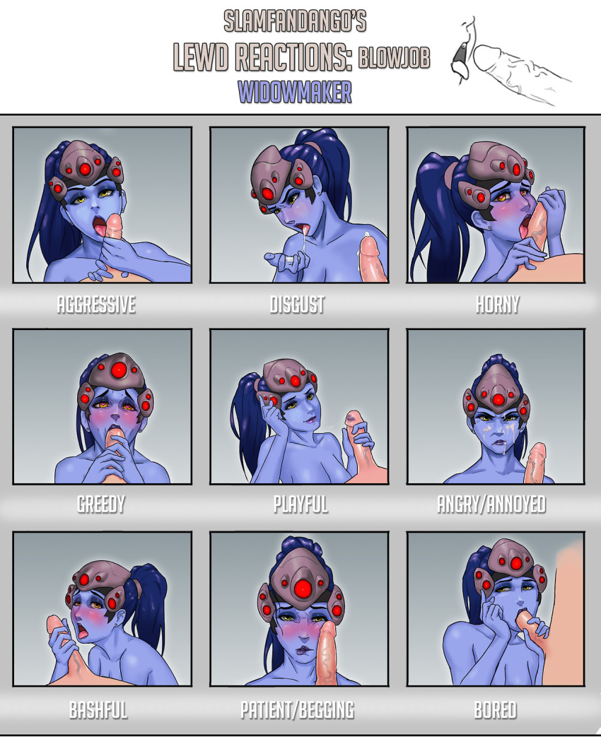 1boy artist_name blowjob_meme blue_hair blue_skin blush cum cum_on_tongue facial fellatio female head_mounted_display heart-shaped_pupils lips meme open_mouth overwatch parted_lips penis ponytail slamfandango tongue_out uncensored widowmaker yellow_eyes