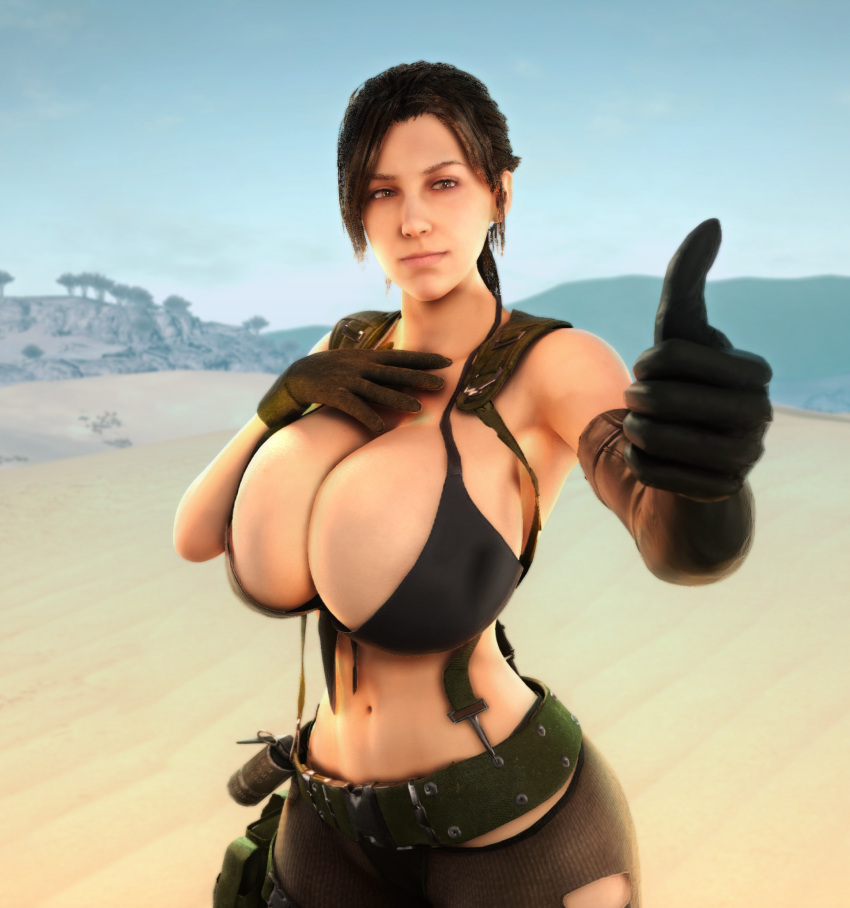 1girls 3d 3d_(artwork) alternate_breast_size black_hair clothed clothed_female female female_only female_solo gigantic_breasts gloves hips hourglass_figure huge_breasts human human_female human_only metal_gear metal_gear_solid_v midriff ponytail quiet_(metal_gear) slim_waist solo solo_female top_heavy top_heavy_breasts vaako