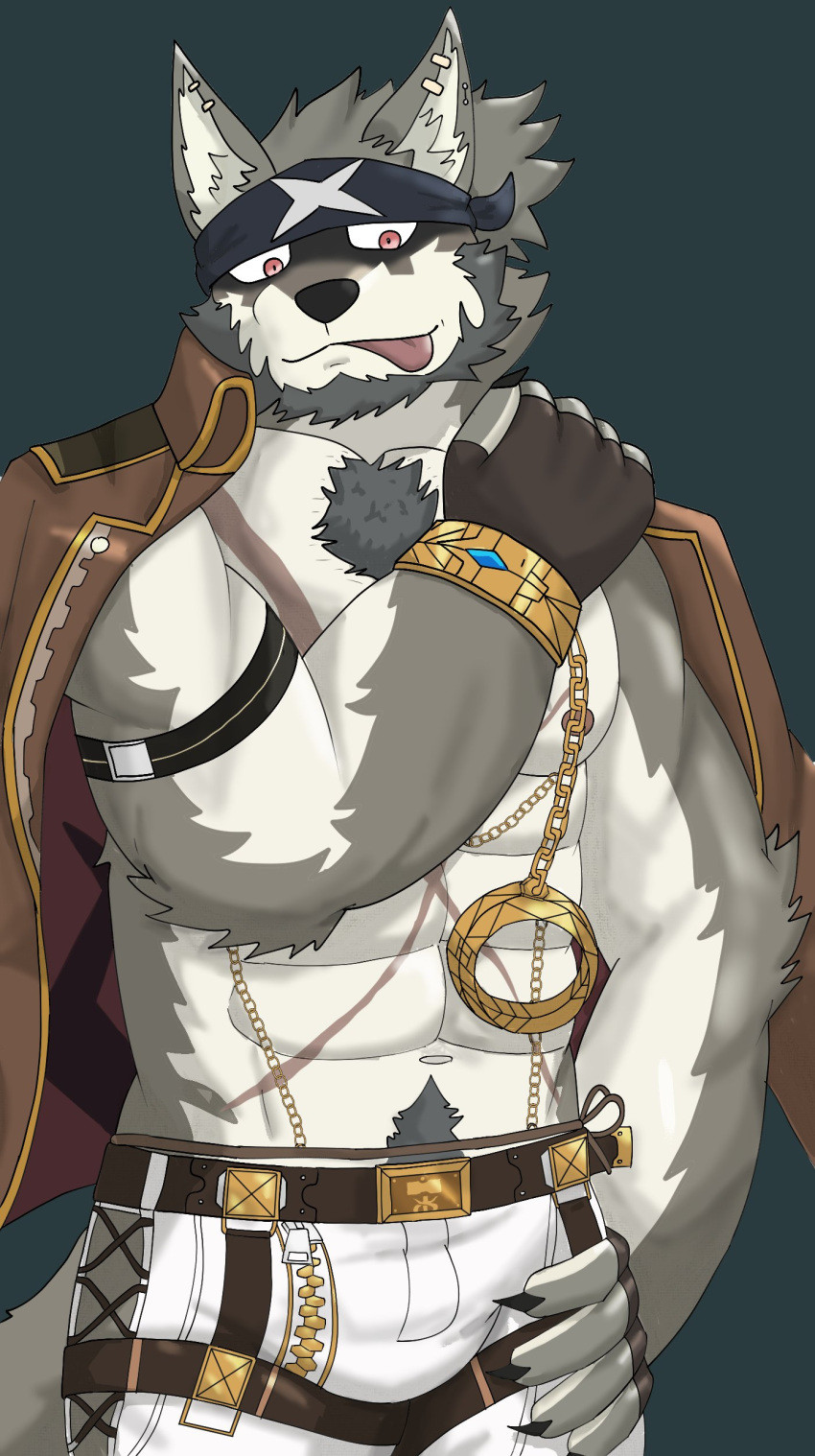 another_eidos_of_dragon_vein_r anothereidos_of_dragon_vein_r anthro armpit_focus armpit_hair balls_bulge bandanna_on_forehead belt bodily_fluids body_hair bottomwear bulge canid canine canis chains chest_hair clothing full_house_(anothereidos_r) fullhouse gold_(metal) gold_chain happy_trail hi_res male mammal marimo1007day muscular muscular_male nipple_piercing nipples pants piercing raised_arms red_eyes scar solo sweat tenting wolf