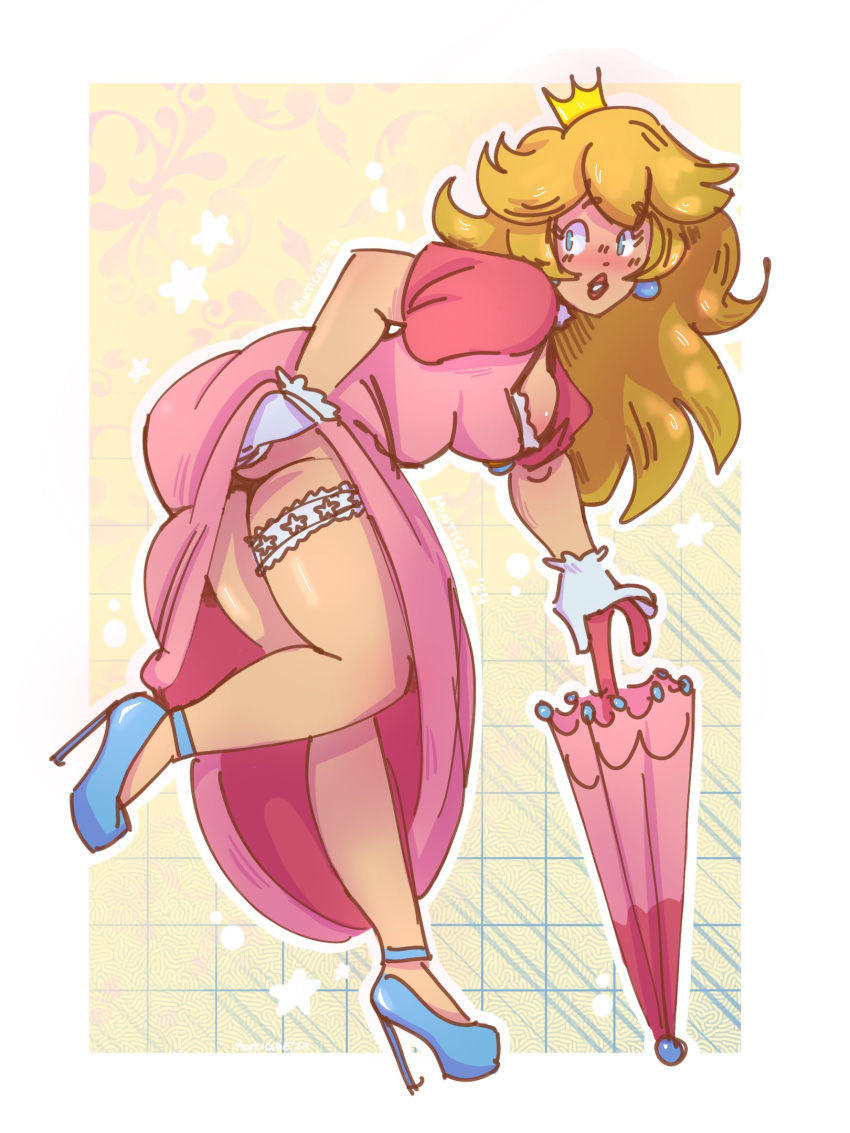 1girls ass ass_focus blonde_hair blue_eyes blush breasts clothed crown earrings female female_only gloves high_heels long_hair looking_back mario_(series) minticide nintendo pinup princess_peach solo standing stripper_heels thighs umbrella white_border