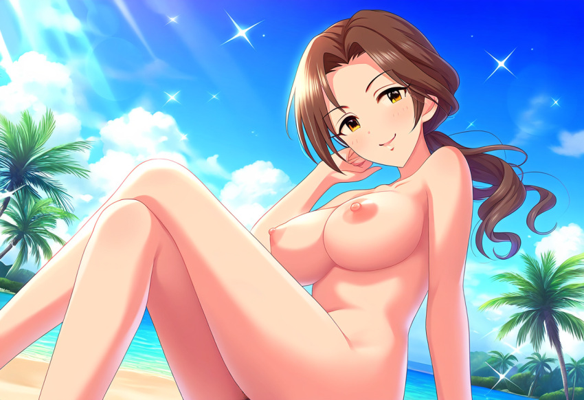 ai_generated beach breasts idolmaster idolmaster_cinderella_girls kawashima_mizuki nipples pose smile