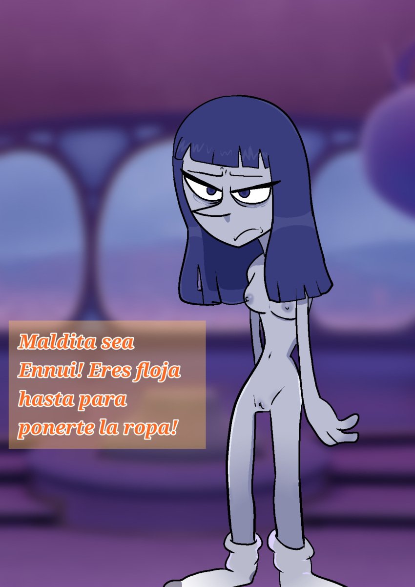 ankifun breasts disney ennui_(inside_out) female_only genitals girly inside_out inside_out_2 legwear long_hair medium_breasts nipples no_panties nude nude_female outdoors pixar purple_eyes purple_hair pussy solo_focus spanish_text standing text thighs vagina