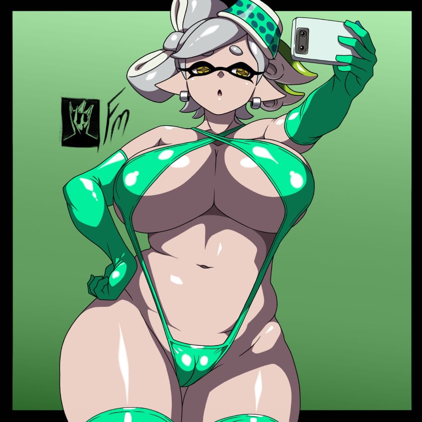 big_breasts big_breasts bikini breasts breasts cel_shading chubby chubby_female earrings fungus-man hand_on_hip hi_res holding_object holding_phone inkling latex latex_clothing latex_gloves latex_legwear latex_thighhighs marie_(splatoon) nintendo phone selfie simple_background sling_bikini splatoon tentacle tentacle_hair tight_clothing watermark