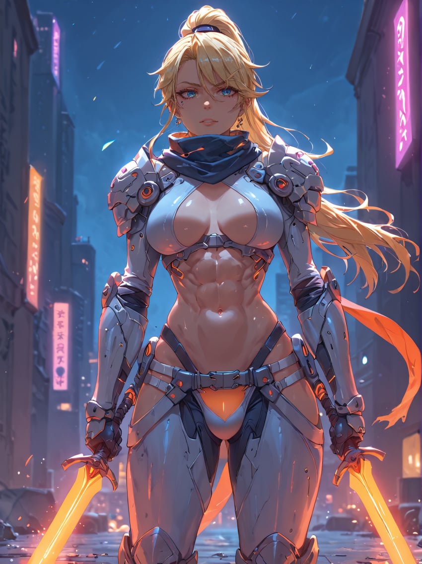 abs ai_generated athletic blonde_hair blonde_hair blue_eyes breasts crotch_bulge holding_sword holding_weapon implied_futanari long_hair ponytail self_upload solo stable_diffusion swords theskyisalwaysbeautiful