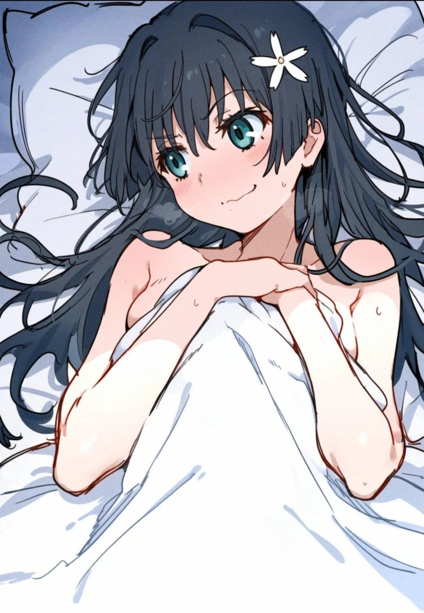 after_sex bare_arms bare_shoulders bed bed_sheet black_hair blanket_grab blush breasts collarbone colored completely_nude flower_in_hair green_eyes karen02643 long_hair medium_breasts mouth_ mouth_closed nude saten_ruiko sideboob sweat sweaty_body to_aru_kagaku_no_railgun to_aru_majutsu_no_index visible_breath