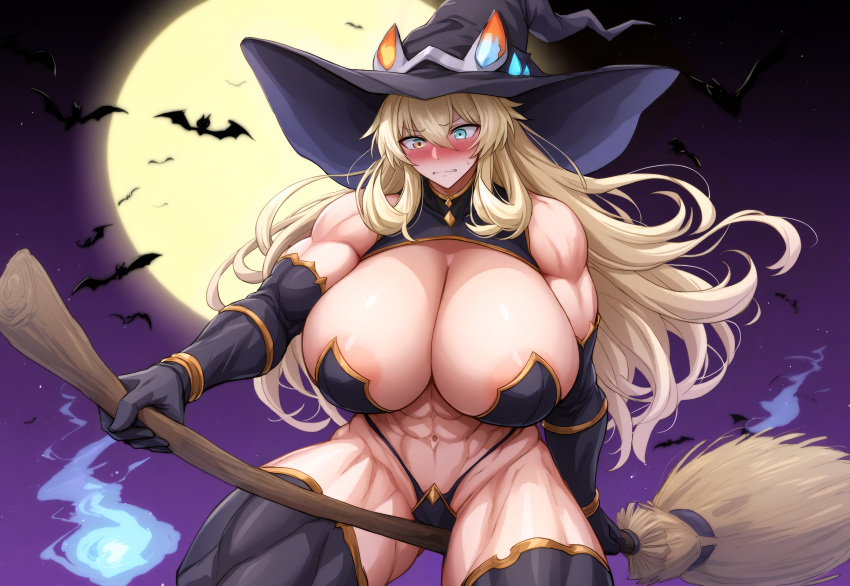 1girls ai_generated barghest_(gawain)_(fate) bat blonde_hair breasts broom fate/grand_order fate_(series) female flying halloween huge_breasts levitation long_hair moon muscular muscular_female night revealing_clothes solo thick_thighs witch witch_hat