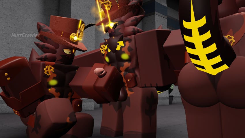 3d 3d_(artwork) ass costume erection gay goggles gootraxian kaiju_paradise male_only masturbation murrcrawler muscular muscular_male nightcrawler_(kaiju_paradise) roblox roblox_game robloxian steamcrawler_(kaiju_paradise) tail_lift text