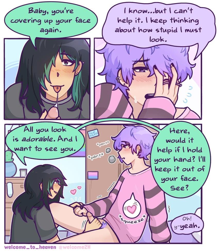 1boy 1girls bed bisexual_flag bisexual_pride_colors black_hair black_nails blowjob blush blushing bottomless color_coded_speech_bubble comic comic_page covering_face curtains_match_windows ear_piercing embarrassed english_text green_eyes green_hair hair_over_one_eye handholding handjob heart holding_hands holding_penis male/female oral oral_sex panting penis piercing pride_colors pride_flag purple_eyes purple_hair ring saliva_string saliva_trail shirt shivering shy speech_bubble sweat sweater text_bubble tongue_out tongue_piercing trembling two_tone_hair welcome_to_heaven