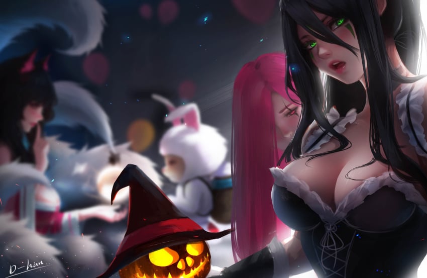 1boy 3girls 3girls1boy ahri alternate_version_available black_hair black_hair_female blur blurry_background boob_window breast_focus chest_focus cottontail_teemo d-han face_markings female female_focus french_maid french_maid_nidalee green_eyes green_eyes_female hi_res high_res high_resolution highres jack-o&#039;-lantern katarina katarina_du_couteau league_of_legends long_hair long_hair_female looking_at_viewer maid maid_outfit maid_uniform male more_at_source multiple_girls nidalee pumpkin pumpkin_head red_hair red_hair_female riot_games shiny shiny_breasts shiny_skin shocked shocked_expression simple_background skimpy_outfit skimpy_uniform teemo the_grind_series