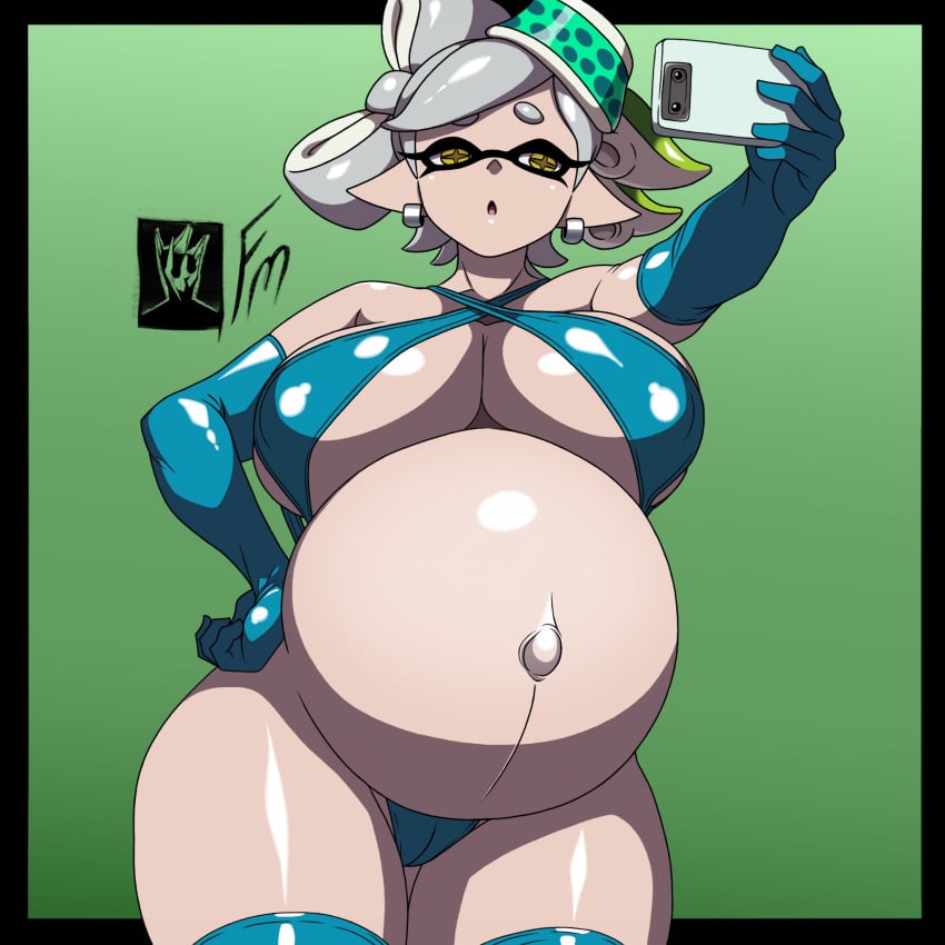 belly belly_button big_belly big_breasts big_breasts bikini breasts breasts cel_shading chubby chubby_female earrings fungus-man hand_on_hip hi_res holding_object holding_phone inkling latex latex_clothing latex_gloves latex_legwear latex_thighhighs marie_(splatoon) nintendo outie_navel phone pregnant pregnant_belly pregnant_female selfie simple_background sling_bikini splatoon tentacle tentacle_hair tight_clothing watermark