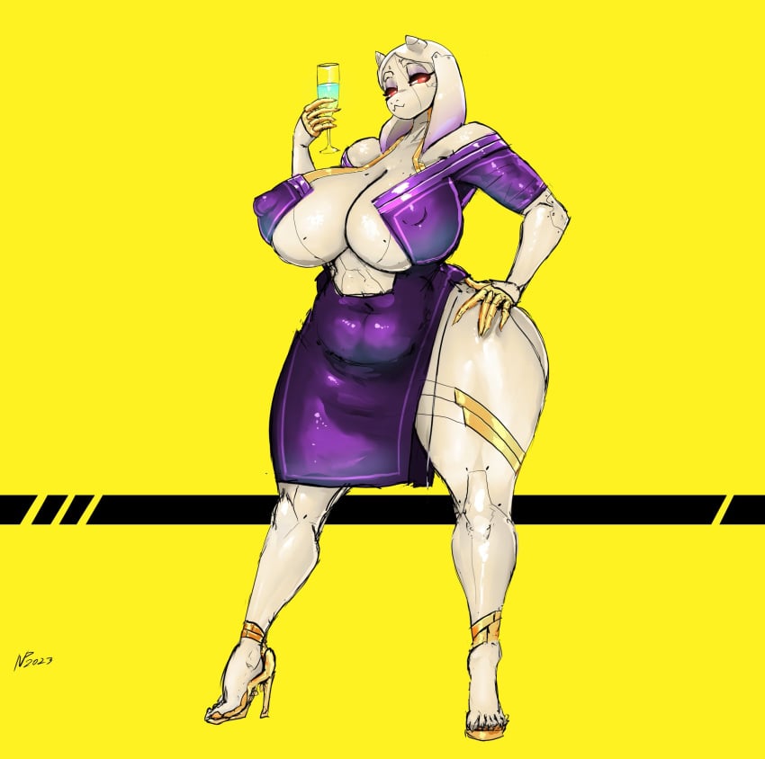 1girls curvy cyberpunk cyberpunk_2077 drinking_glass gausscannon goat hand_on_hip high_heels purple_dress red_eyes solo tagme toriel undertale white_fur