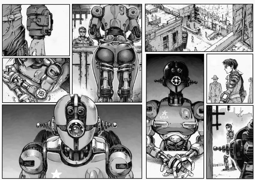 2017 ass assaultron bent_over bethesda_softworks comic double_deck fallout fallout_4 female kl-e-0 machine monochrome robot sole_survivor sole_survivor_(male) source_request