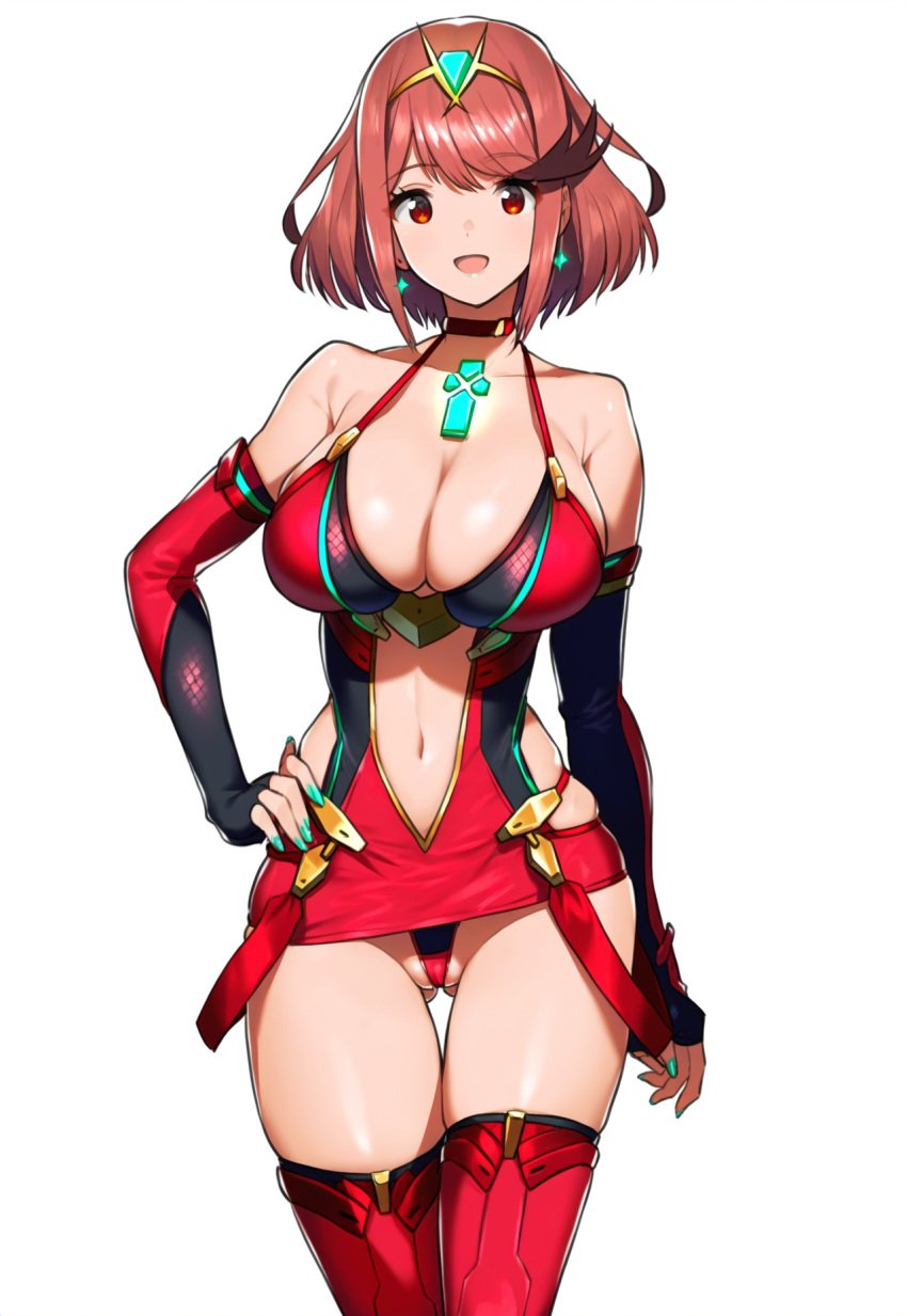 :d ai_generated alternate_costume aqua_nails arm_at_side ass_visible_through_thighs bare_shoulders bodycon bridal_gauntlets choker cleavage clothing_cutout collar core_crystal_(xenoblade) cowboy_shot cutout cutout_above_navel eyeshadow female hand_on_hip hip_vent lips makeup microdress netorare nsfw partially_visible_vulva pyra pyra_(xenoblade) red_dress red_eyes red_hair robofun shiny_clothes spaghetti_strap thigh_gap white_background xenoblade_chronicles_(series) xenoblade_chronicles_2