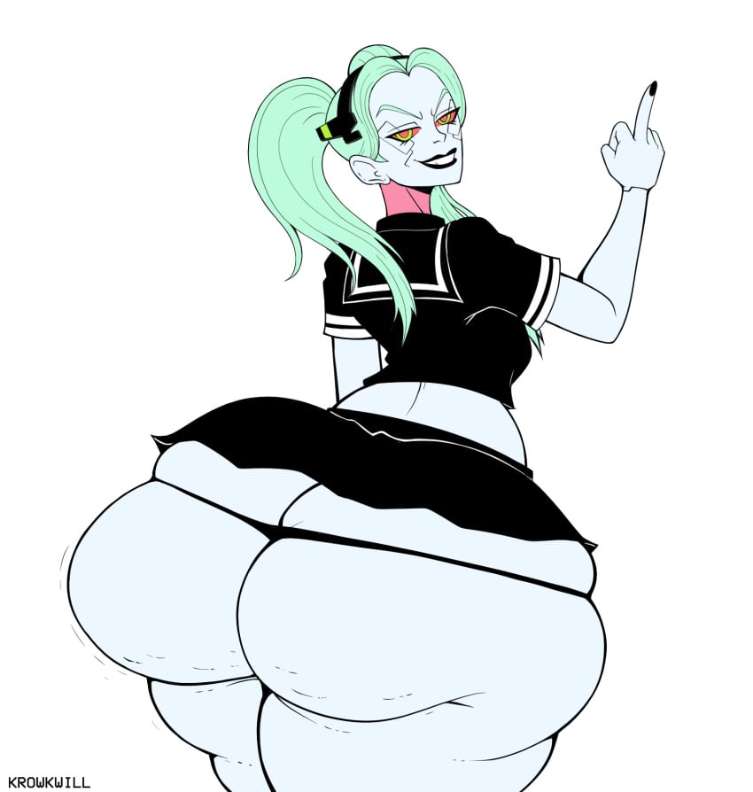 bottom_heavy cyberpunk:_edgerunners cyberpunk_2077 krowkwill middle_finger rebecca_(edgerunners) school_uniform shortstack skindentation small_breasts thick_thighs twintails wide_ass wide_hips