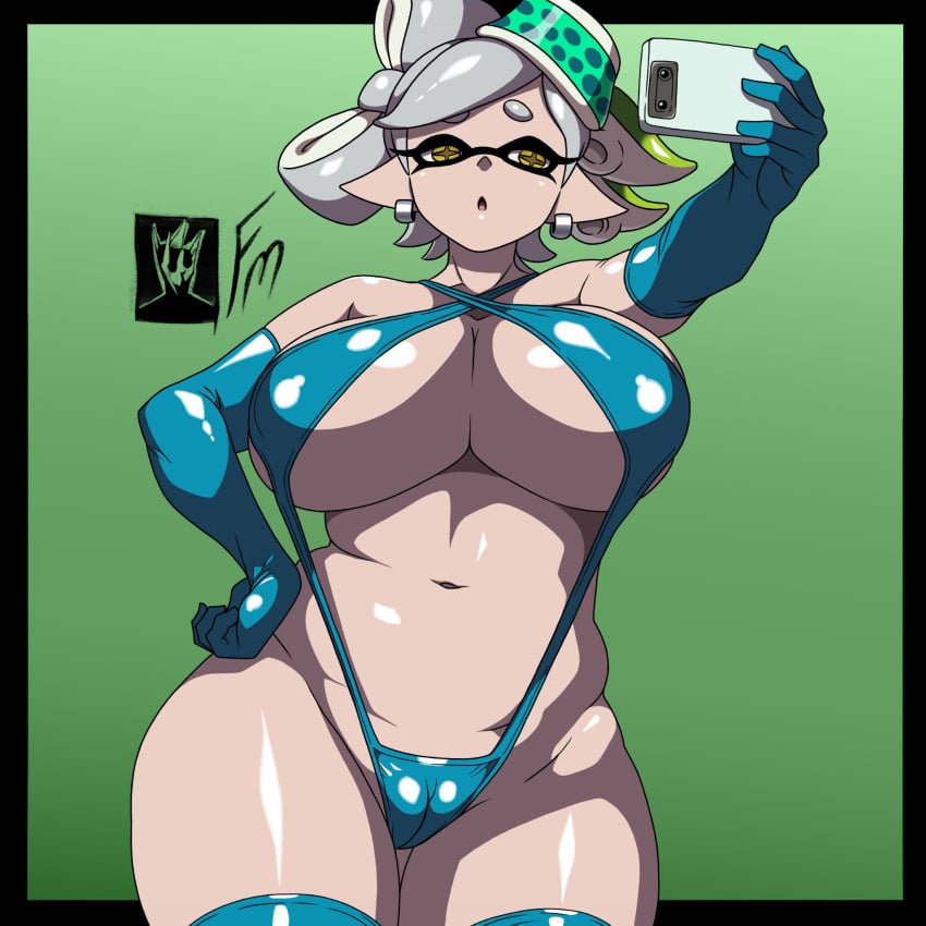 big_breasts big_breasts bikini breasts breasts cel_shading chubby chubby_female earrings fungus-man hand_on_hip hi_res holding_object holding_phone inkling latex latex_clothing latex_gloves latex_legwear latex_thighhighs marie_(splatoon) nintendo phone selfie simple_background sling_bikini splatoon tentacle tentacle_hair tight_clothing watermark