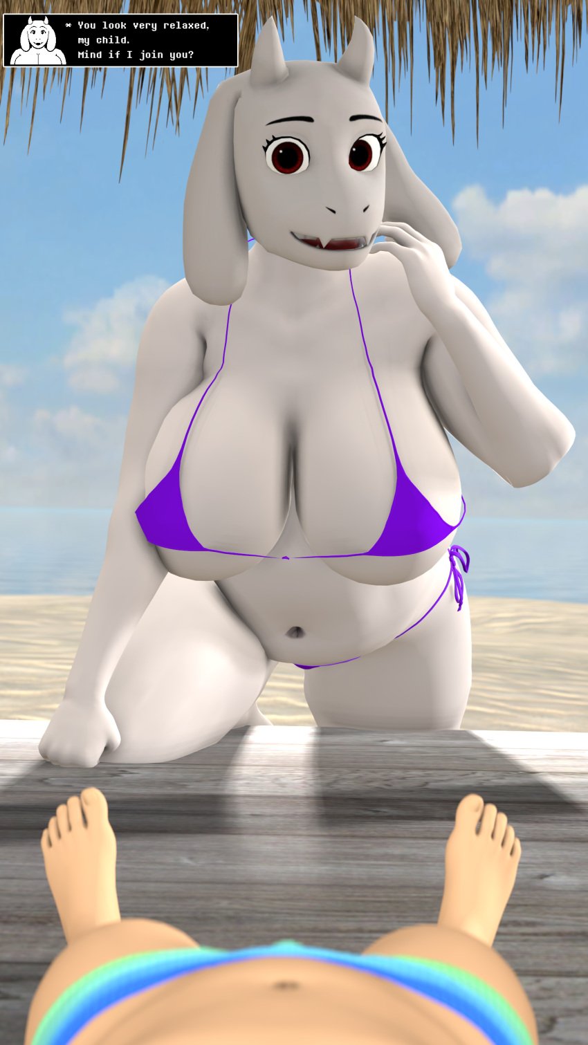 3d_(artwork) 9:16 absurd_res age_difference anthro barefoot beach belly big_breasts bikini boss_monster_(undertale) bovid breasts caprine clothing curvy_figure daemont92 digital_media_(artwork) duo english_text feet female first_person_view frisk_(undertale) goat hi_res human looking_at_viewer lying male male/female mammal mature_female older_female on_back slightly_chubby slightly_chubby_female source_filmmaker_(artwork) swimming_trunks swimwear text thick_thighs toriel two-piece_swimsuit undertale undertale_(series) voluptuous wide_hips younger_male