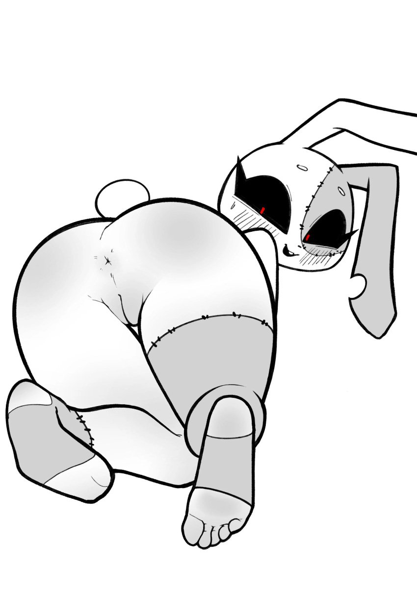 absurd_res anthro anus ass black_sclera blue_bow blush feet female five_nights_at_freddy's genitals hi_res hss_dada humanoid_feet lagomorph leporid long_ears mammal nude_female plantigrade presenting presenting_hindquarters pupils pussy rabbit red_pupils scottgames solo vanny_(fnaf)