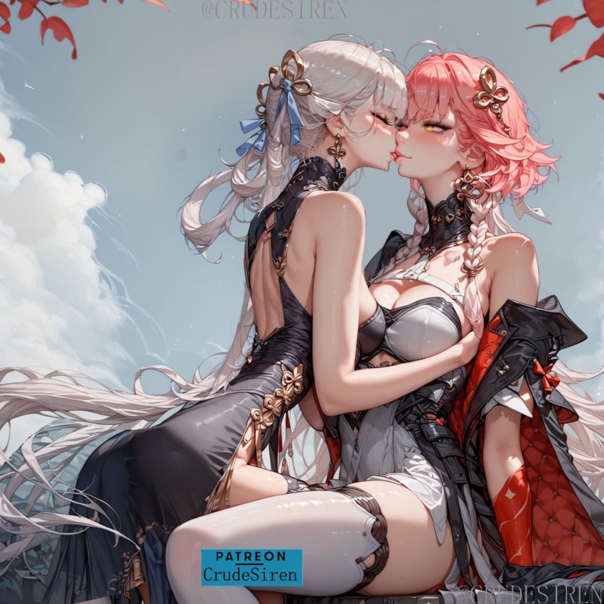 2girls ai_generated black_dress changli_(wuthering_waves) closed_eyes commission crudesiren dress gloves hair_ornament jinshi kissing long_hair medium_breasts multicolored_hair patreon patreon_username pink_hair sitting sitting_on_person stockings white_hair white_thighhighs wuthering_waves yellow_eyes yuri