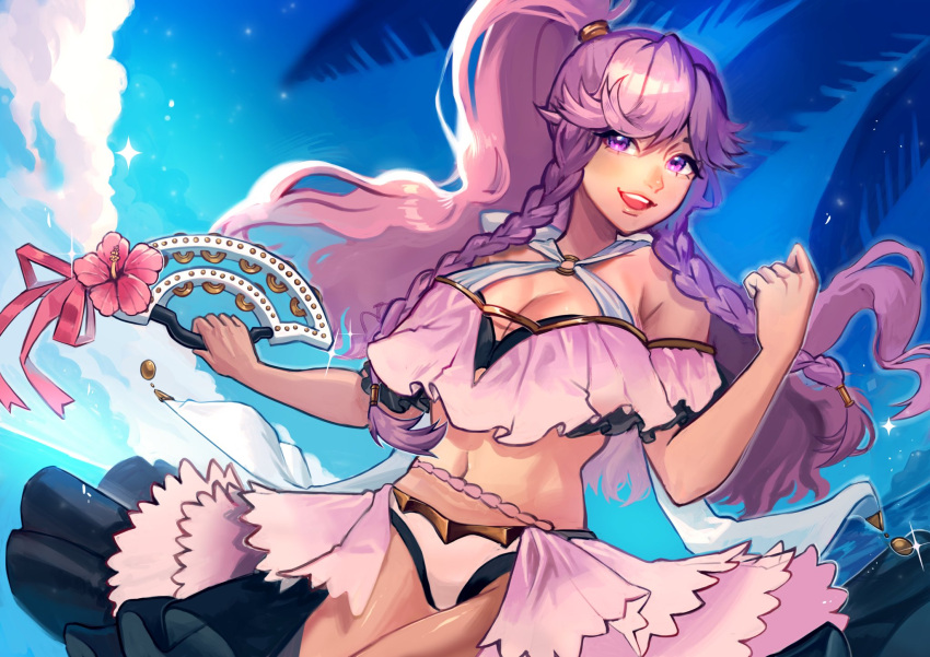 1girls :d alternate_costume bikini black_bikini black_swimsuit blue_sky braid breasts cleavage cloud female female female_only fire_emblem fire_emblem_awakening fire_emblem_heroes highres holding large_breasts long_hair navel nefery_san nintendo o-ring official_alternate_costume olivia_(fire_emblem) olivia_(summer)_(fire_emblem) open_mouth pink_bikini pink_eyes pink_hair pink_swimsuit ponytail sky smile solo swimsuit teeth twin_braids upper_teeth_only very_long_hair white_bikini white_swimsuit