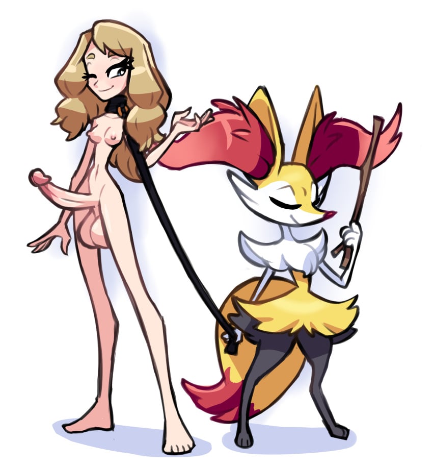 absurd_res anthro blonde_hair blue_eyes bottomwear braixen breasts clothing collar duo female fur futanari generation_6_pokemon genitals gynomorph hair hi_res human inner_ear_fluff intersex leash magic_user mammal nintendo nipples nude penis pokemon pokemon_(species) serena_(pokemon) skirt stick thousandarms tuft yellow_body yellow_fur