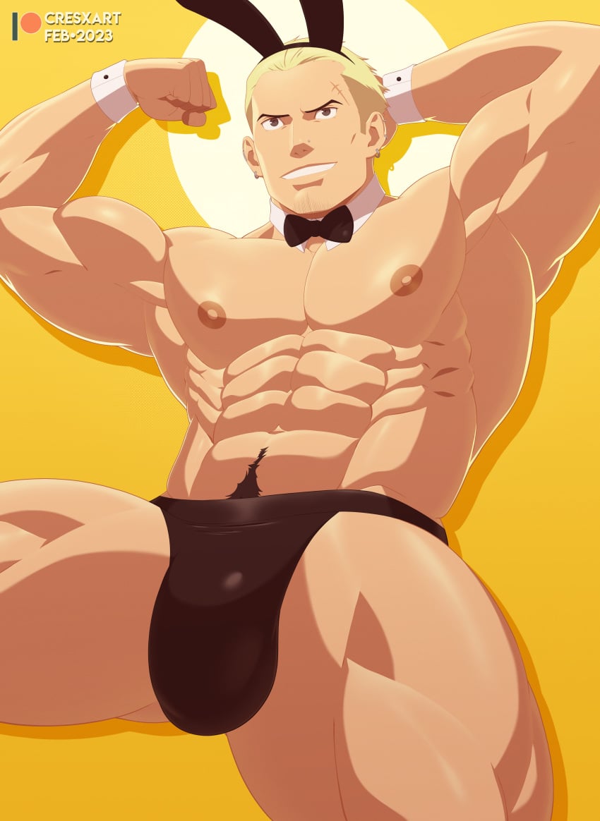 abs bara biceps big_bulge blonde_hair bulge cresxart flexing_bicep male male_nipples male_only male_pubic_hair muscular_male nipples pecs persona persona_4 playboy_bunny tatsumi_kanji underwear