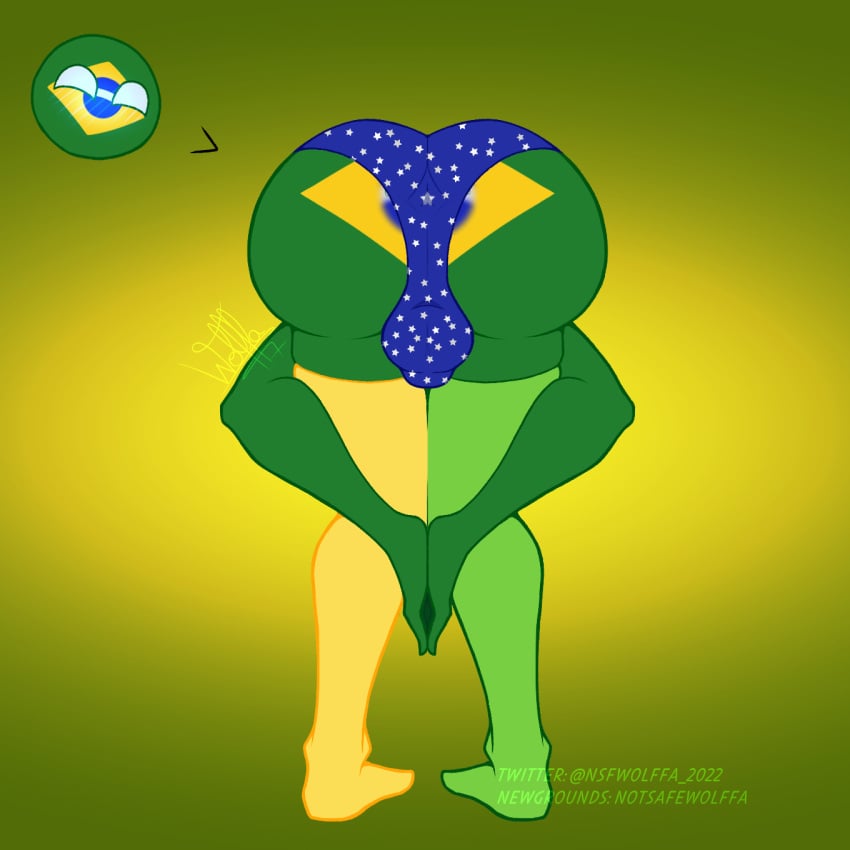 1boy amen_pose ass ass_focus ass_up balls balls_in_panties big_ass brasil brasilian_artist brazil brazil_(countryhumans) brazilian brazilian_flag countryballs countryhumans green_body green_skin male male_focus male_only praise_da_booty_(meme) tagme trend wolffaloba