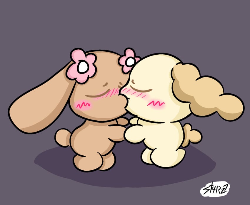 2girls blush blushing brown_fur chiffon_(cinnamoroll) cinnamoroll_(series) female female/female female_only kiss kissing lesbian_kiss meme mocha_(cinnamoroll) sanrio simple_background simple_shading st4rzzz tagme yellow_fur yuri