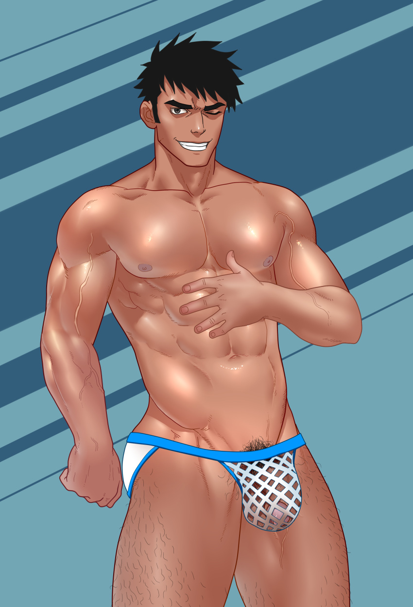 abs balls balls_under_clothes bara biceps big_bulge bulge inmomakuro male male_nipples male_only muscular_male nipples pecs penis penis_under_clothes underwear