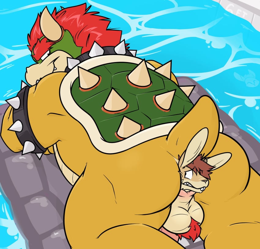 2019 absurd_res anal anal_vore anus ball_tuft balls bowser bowser_day collar digital_media_(artwork) duo genitals graros hair hi_res horn koopa lagomorph leporid looking_at_butt lying male male_pred mammal mario_(series) nintendo on_front partially_inside pool pool_float rabbit red_hair scalie shell solo spikes tail tuft unwilling_prey vore