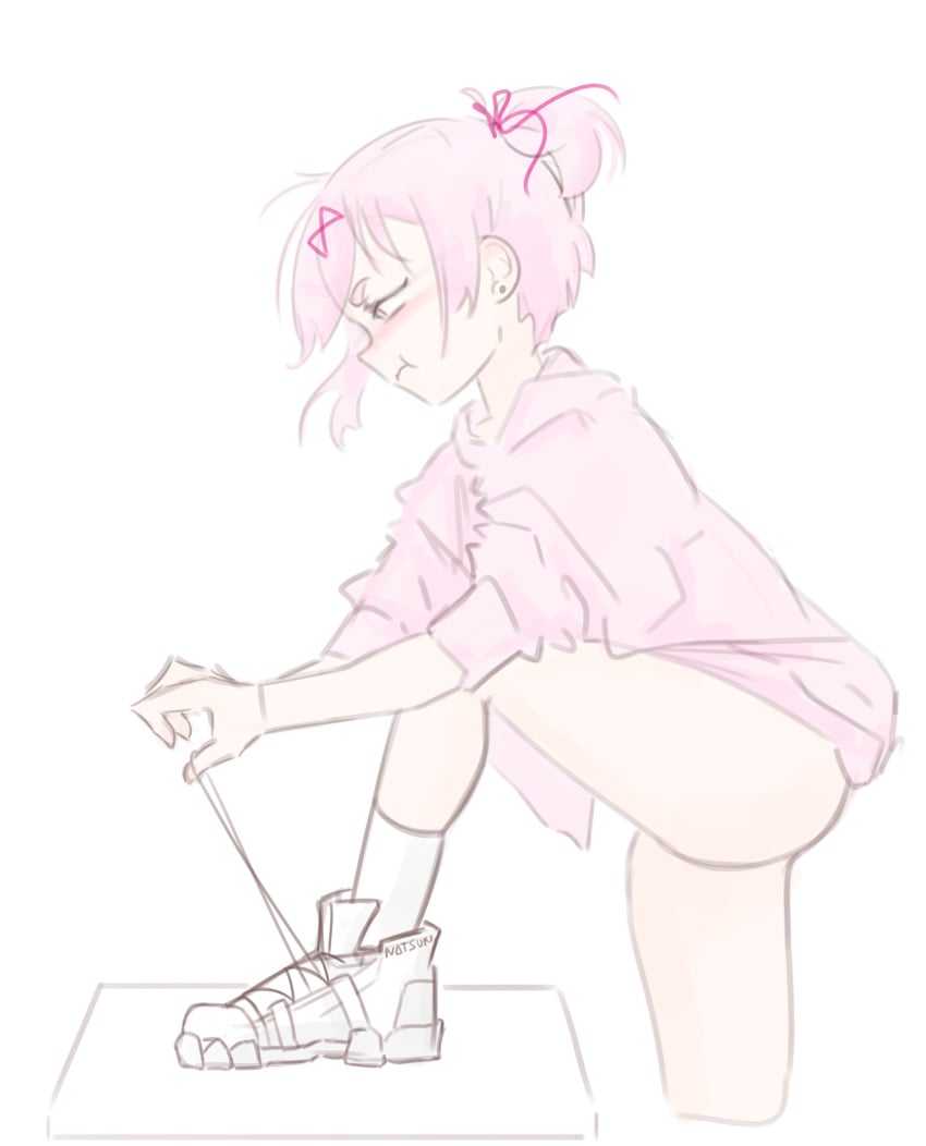 1female 1girls :t doki_doki_literature_club emiillb natsuki_(doki_doki_literature_club) pink_eyes pink_hair tying_shoes