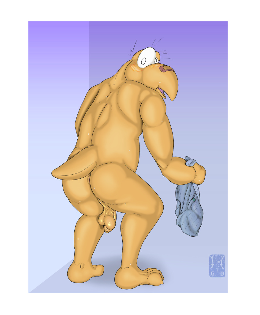 2024 absurd_res anus ass balls band-aid bandage blush bodily_fluids boxers_(clothing) clothing colored digital_media_(artwork) flaccid foreskin full-length_portrait garo_(artist) genitals hi_res humanoid_genitalia koopa koopa_troopa koops looking_back male mario_(series) nintendo nude paper_mario penis plantigrade portrait rear_view saggy_balls scalie shaded shy simple_background solo standing surprised_expression sweat tail underwear yellow_body