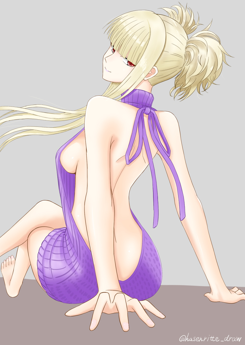 aoki_hagane_no_arpeggio arm_support bangs barefoot blonde_hair blunt_bangs breasts clothing crossed_legs feet female grey_background high_resolution kongou_(aoki_hagane_no_arpeggio) looking_at_viewer looking_back medium_breasts meme_attire no_bra nopan red_eyes ritte_(sizer0031) short_twintails sideboob smile solo tied_hair twintails twitter_username virgin_killer_sweater