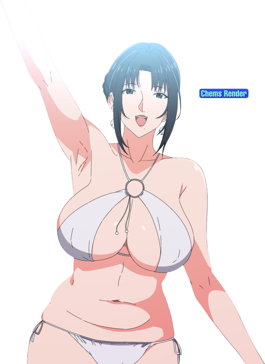 2020s 2023 absurd_res big_breasts bikini black_hair_female my_mother_the_animation nush_(xter) plussinger seashell_earrings transparent_background waving white_bikini