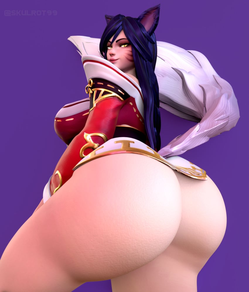 1girls 3d ahri ass black_hair blender bottomless bubble_butt default_ahri fox_ears fox_girl fox_tail huge_ass league_of_legends league_of_legends:_wild_rift looking_at_viewer simple_background skulrot99 solo thick_thighs