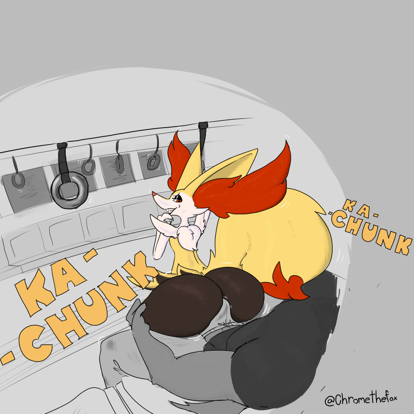 absurd_res ambiguous_gender anthro ass big_butt big_ears black_lips braixen brown_body brown_fur bulge bulge_grinding buttjob chromethefox duo eyeshadow fluffy fluffy_tail fur generation_6_pokemon grin grinding hi_res hot_dogging inner_ear_fluff lips looking_back makeup male male/ambiguous motion_lines naughty_face nintendo onomatopoeia orange_body orange_eyes orange_fur orange_nose pokemon pokemon_(species) public_transportation sex sharp_teeth simple_background size_difference smile sound_effects tail teeth text tuft white_body white_fur yellow_body yellow_fur