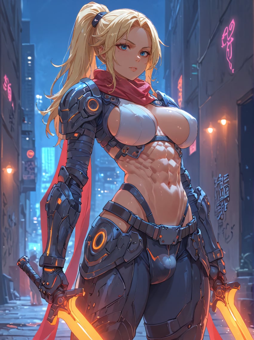 abs ai_generated armor athletic blonde_hair blonde_hair blue_eyes breasts crotch_bulge holding_sword holding_weapon implied_futanari long_hair ponytail self_upload solo stable_diffusion swords theskyisalwaysbeautiful