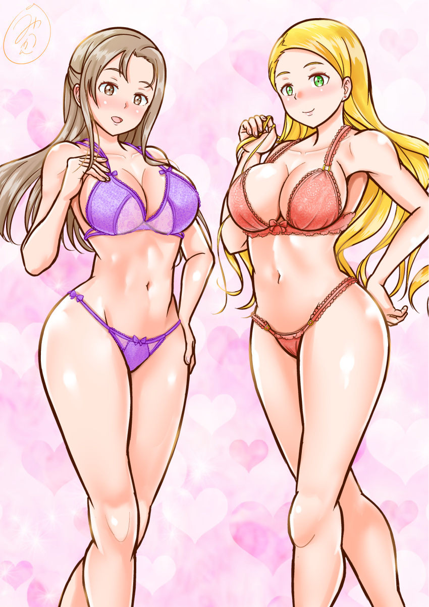 2girls blonde_hair bra konoe_kanata/haruka's_mother large_breasts lingerie long_hair love_live! love_live!_nijigasaki_high_school_idol_club love_live!_sunshine!! mikan_ame_q mikanameq milf multiple_girls ohara_mari's_mother panties