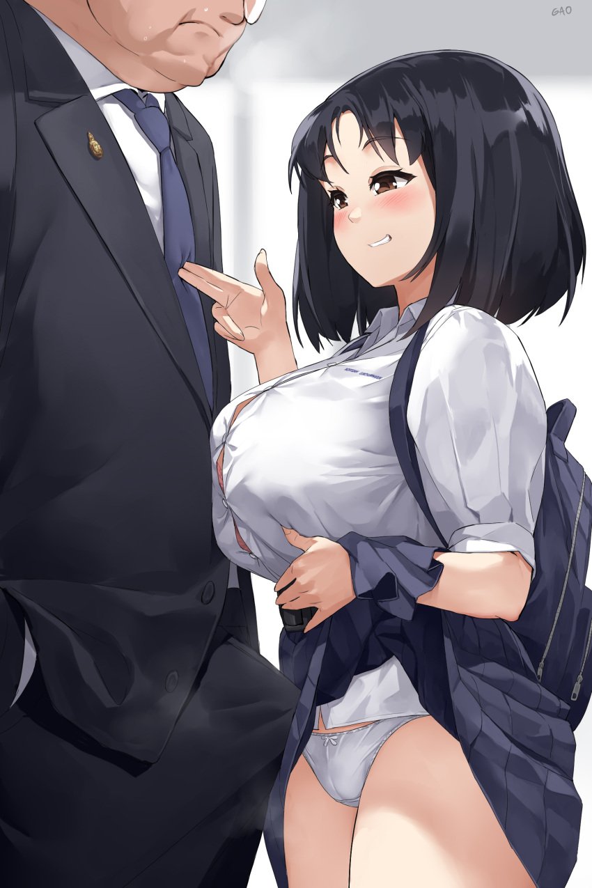 1boy 1girls 2d age_difference big_breasts blush breasts_against_chest bulge erection_under_clothes gao-lukchup gao_(gaolukchup) gaolukchup geriatric horny_female horny_male no_sex old_man older_male older_man_and_teenage_girl panties short_hair skirt skirt_lift smile suit suit_and_tie sweatdrop teasing tie younger_female