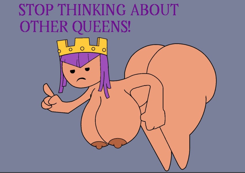 archer_queen_(clash_of_clans) big_breasts clash_(series) clash_a_rama clash_of_clans completely_nude crown dialogue huge_ass meme nut-master purple_hair sagging_breasts simple_face solo_female stop_thinking_about_sex talking_to_viewer