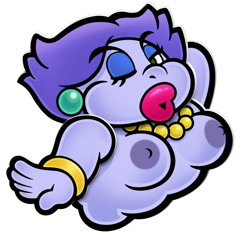 breasts earrings eyeshadow female female_only large_areolae large_breasts large_nipples madame_flurrie mario_(series) necklace nintendo nude official_art official_artwork_edit paper_mario paper_mario:_the_thousand-year_door paper_mario:_the_thousand-year_door_(nintendo_switch) pink_lips purple_body purple_hair thick_lips third-party_edit